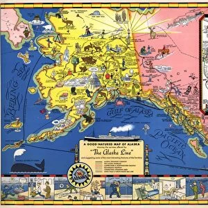 MAP: ALASKA, 1934. A good-natured map of Alaska, featuring the services offered