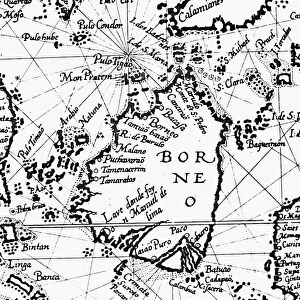 MAP OF BORNEO, 1595. Detail of Borneo from Peter Plancius chart of the Moluccas