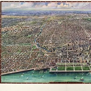 MAP: CHICAGO, 1916. Birds eye view of the central business section of Chicago, Illinois
