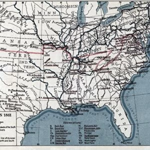 MAP: CIVIL WAR, 1861. Map showing the division of the North and South in 1861. Lithograph