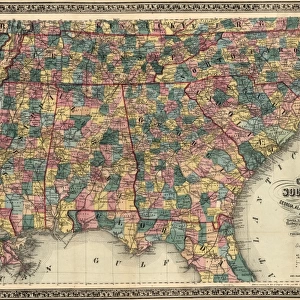 MAP: RAILROAD, 1864. Railway and county map of the Southern States; embracing the States of N. Carolina, S. Carolina, Georgia, Alabama, Florida, Mississippi, Louisiana, Arkansas, and Tennessee... Engraving by Joseph Beuther, 1864