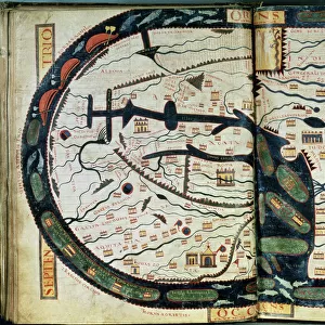 MAP OF THE WORLD, c1060. Map of the world, centering on Jerusalem. Spanish manuscript illumination, c1060, from the work of Beatus of