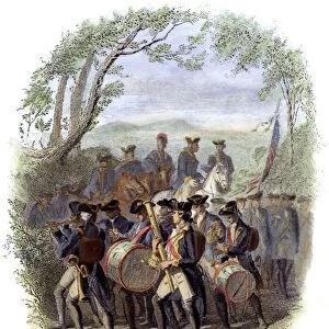 Marching band in the Continental Army during the American Revolutionary War. Colored engraving, c1850, by Karl Hermann Schmolze