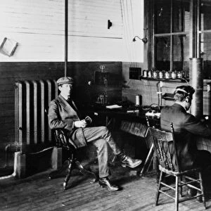 MARCONI COMPANY, 1907. Marconis Wireless Telegraph Company receiving room at Glace Bay