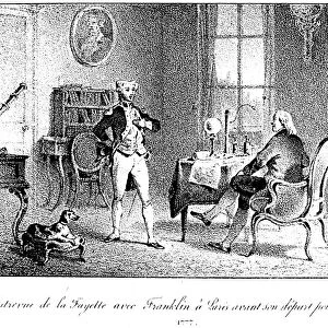Marquis de Lafayette and Benjamin Franklin meeting for the first time at Paris, France, in February 1777. Lithograph, French, 19th century