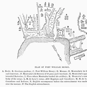 The Marquis de Montcalms attack on Fort William Henry, Lake George, New York, 4-9 August 1757, during the French and Indian War. Re-drawing of an English plan of 1763