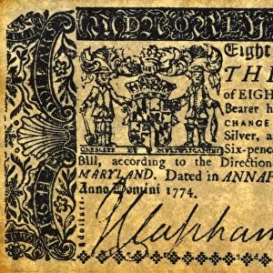 MARYLAND BANK NOTE, 1774. Banknote for eight dollars