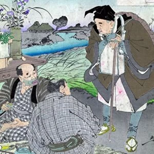 MATSUO BASHO (1644-1694). Japanese poet. Basho as an old man and a traveler, stopping to talk with two men having tea by the roadside. Woodcut from One Hundred Aspects of the Moon, by Tsukioka Yoshitoshi, 1885-1892