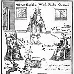 MATTHEW HOPKINS (d. 1647). English witch-finder. Hopkins with two witches and their familiar spirits. Line engraving, 1792, reproducing an engraving of 1647