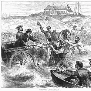 MATTHEW WEBB (1848-1883). English swimmer. Webbs arrival at Calais, France, on his second and successful attempt to swim the English Channel, 25 August 1875. Wood engraving from a contemporary English newspaper