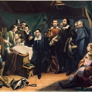 MAYFLOWER: COMPACT, 1620. The pilgrims signing the Compact aboard the Mayflower off the coast of Provincetown, Massachusetts, 11 November 1620. Engraving, 1859, after Tompkins Harrison Matteson