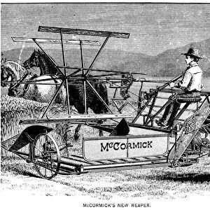 McCORMICK REAPER, 1887. An American farmer harvesting grain with a McCormick Reaper, drawn by a team of two horses. Wood engraving, American, 1887