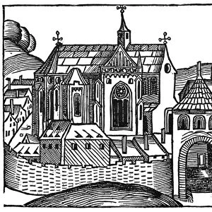 MEDIEVAL CHURCH. Woodcut from The Nuremberg Chronicle, 1493