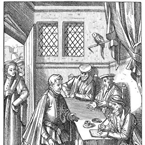 MEDIEVAL KINGs BAILIFF, 1557. Tribunal of the Kings Bailiff. Wood engraving after a line engraving from Praxis Rerum Civilium by Josse Damhoudere, published in Antwerp, Belgium, 1557