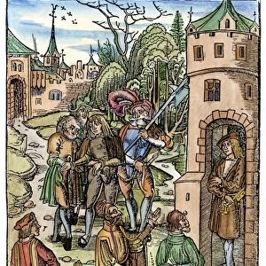 MEDIEVAL PRISON, 1509. Criminals being led to prison. Color woodcut, Augsburg, Germany