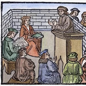 MEDIEVAL UNIVERSITY, c1525. A professor lectures at a medieval university. Woodcut