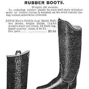 MENs FASHION, 1895. Mens rubber boots. American catalogue advertisement, 1895