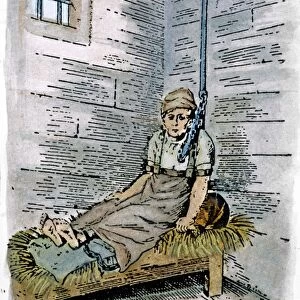 A mentally ill woman being kept chained in a prison cell. Line engraving, 19th century