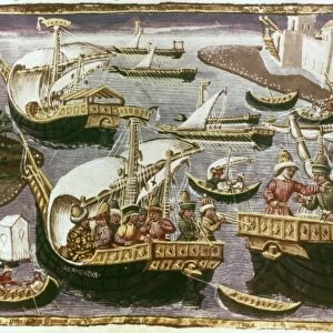 MERCHANT SHIPS, c1465. Merchant ships in harbor: Italian manuscript illumination