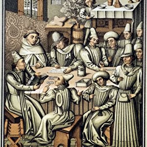 MERCHANTS PAYING TAXES. From a 15th century French manuscript