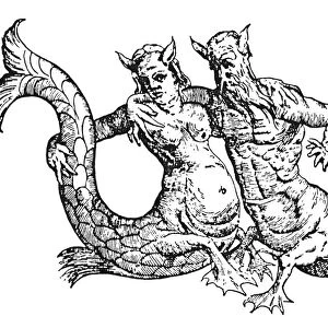 MERMAID & MERMAN, 1642. Mermaid and merman of the Nile Delta