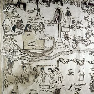 MEXICO: AZTEC DRAWING. Scenes from an Aztec codex fragment, 16th century