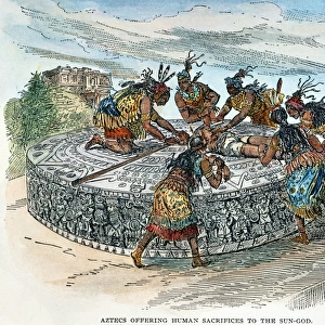 MEXICO: AZTEC SACRIFICE. Aztecs offering human sacrifices to the sun-god. Aztecs performing ritual sacrifice on a stone inscribed with the Aztec account of their history. Drawing, late 19th century