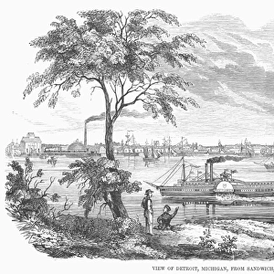 MICHIGAN: DETROIT, 1852. View of Detroit, Michigan, from Sandwich, Canada. Wood engraving, 1852