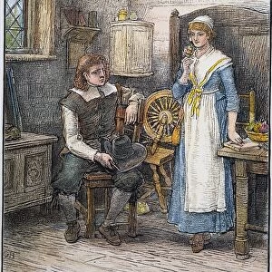 MILES STANDISH. Priscilla Mullens wondering to John Alden why Miles Standish does not woo her himself. Wood engraving after George Henry Boughton from a late 19th century edition of Henry Wadsworth Longfellows poem, The Courtship of Miles Standish
