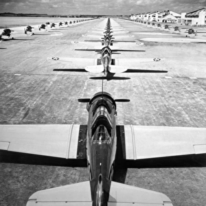 MILITARY AIRCRAFT, c1947. Rows of American fighter aircraft on a tarmac. Photograph