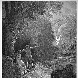 MILTON: PARADISE LOST. Adam and Eve in the Biblical Paradise. Wood engraving after Gustave Dore to John Miltons Paradise Lost
