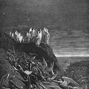 MILTON: PARADISE LOST. The Archangel Michael standing guard. Wood engraving after Gustave Dore to John Miltons Paradise Lost