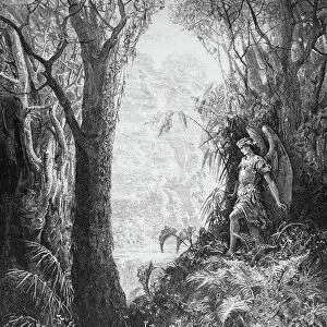 MILTON: PARADISE LOST. Having entered Paradise, Satan, standing on the Tree of Life, looks out over the beautfiul landscape around him (Book 4, line 247). Wood engraving after Gustave Dor