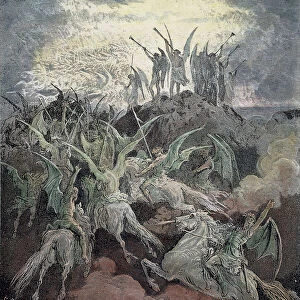 MILTON: PARADISE LOST. The rebel angels summoned to the conclave in Satans fantastic golden palace, Pandaemonium (Book I, lines 757-9 of John Miltons Paradise Lost ). Wood engraving after Gustave Dor