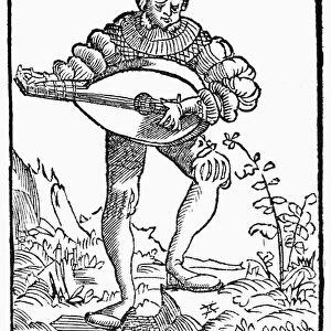 MINSTREL, c1520. A minstrel performing a song on the lute. Woodcut, German, c1520