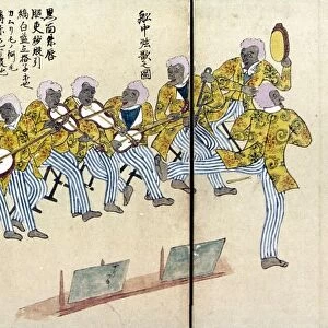 Minstrel show presented by Commodore Matthew Perry for Japanese diplomats. Color drawing, Japanese, 1854