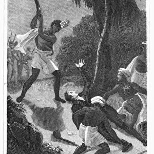 MISSIONARY ATTACKED, 1797. Perilous Situation of Mr. Veeson at Tongataboo. Steel engraving, American, 1837