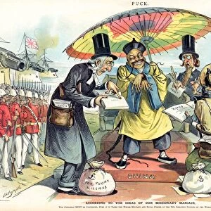 MISSIONARY CARTOON, 1895. According to the Ideas of Our Missionary Maniacs : American lithograph cartoon by Louis Dalrymple, 1895, critical of British and American missionary efforts to convert the Chinese to Christianity