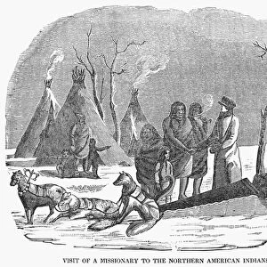 MISSIONARY AND NATIVE AMERICANS. Visit of a Missionary to the Northern American Indians. Wood engraving, American, 19th century