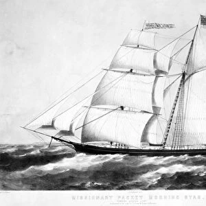 MISSIONARY SHIP, c1866-70. The American missionary schooner Morning Star passing Boston Light