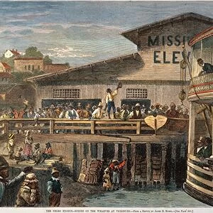 MISSISSIPPI: BLACK EXODUS. The wharf at Vicksburg, Mississippi, from which many black migrants departed following the end of Reconstruction for points north and west, including Kansas. Wood engraving, American, 1879