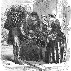 MISTLETOE SELLER, 1853. Wood engraving after a drawing, English, 1853