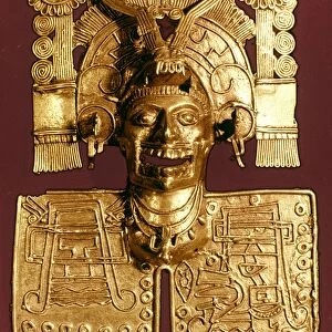 MIXTEC: GOD OF THE DEAD. Gold pendant of Mictlantecuhtli, god of the dead. Mixtec, c1400