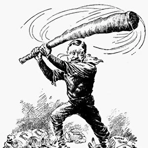 No Molly-Coddling Here. President Theodore Roosevelt swinging away his Big Stick at the trusts and Every Thing in General. American cartoon, 1904