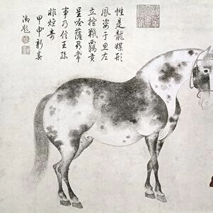 A Mongol groom leading a horse to be presented as tribute to the Chinese court. Detail of a painted handscroll by Chao Yung, Yuan Dynasty, 1347, after the Sung Dynasty artist Li Gonglin (1049-1106). Ink and color on paper
