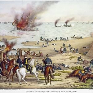 MONITOR VS MERRIMACK, 1862. The Battle between the Monitor and the Merrimack, 9 March 1862: lithograph, 1889, by Kurz & Allison