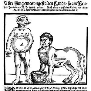 MONSTERS, 1578. Broadside announcing the birth of two human monsters, one with a pigs head