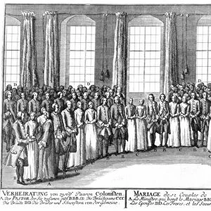 MORAVIANS, 1757. The marriage of 12 Moravian couples in a group ceremony. Line engraving, 1757