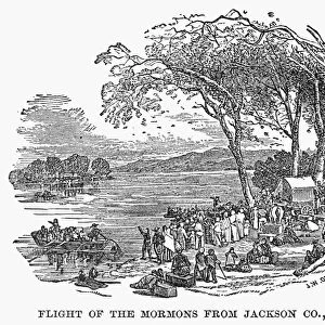 MORMON FLIGHT, 1833. Flight of the Mormons from Jackson County, Missouri, November 1833. Wood engraving, American, 1870