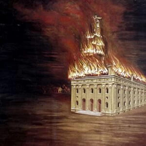 MORMON TEMPLE FIRE. Burning of Mormon Temple at Nauvoo, Illinois, in 1848